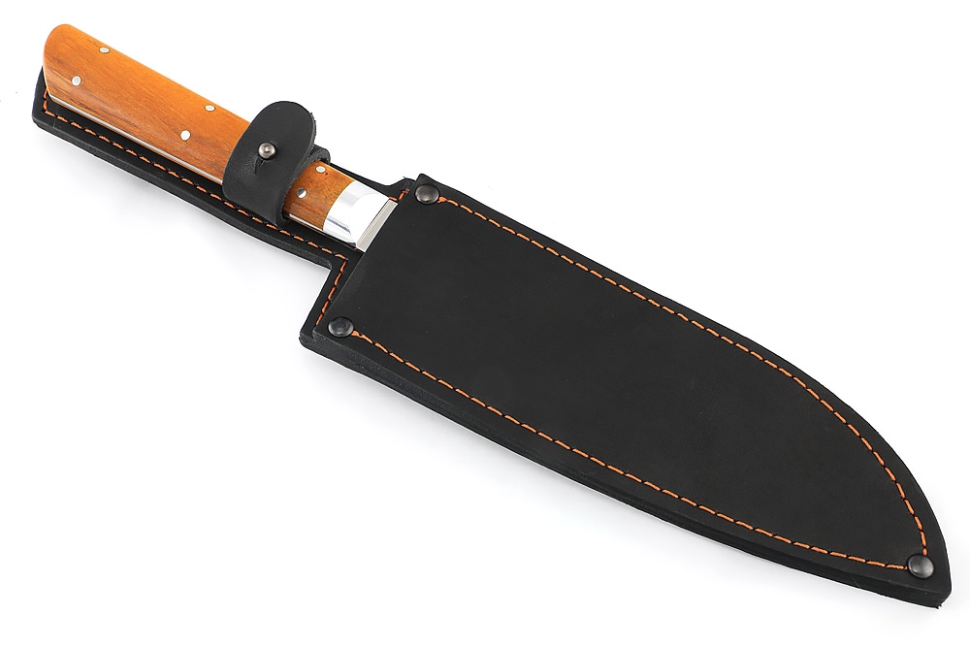 Кухонный нож Сантоку большой кованая сталь 95x18 рукоять карельская береза янтарная цельнометаллический