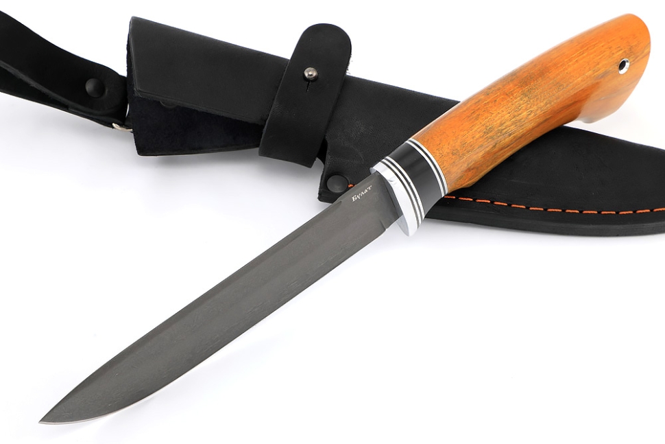 Нож Скат (булат, карельская берёза янтарная, вставка черный граб)