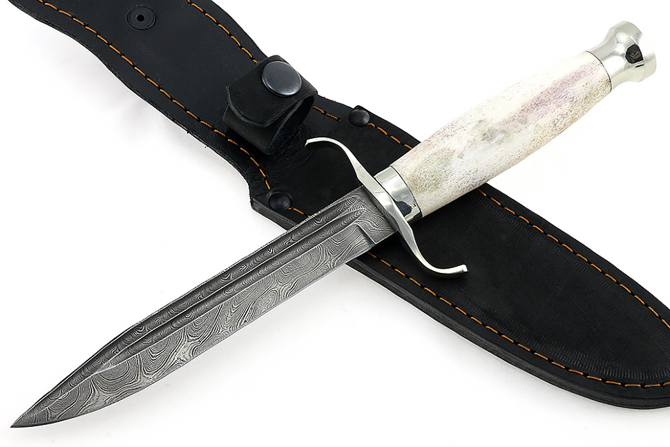 Нож Классика (дамаск-долы, рог лося - мельхиор) 