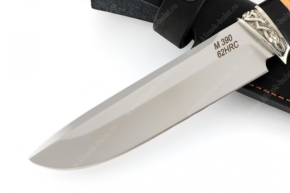 Нож Скат (порошковая сталь M390, береста, гарда мельхиор)