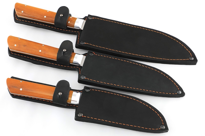 Комплект из 3-х кухонный ножей Сантоку кованая сталь 95х18 рукоять карельская березе янтарная цельнометаллические