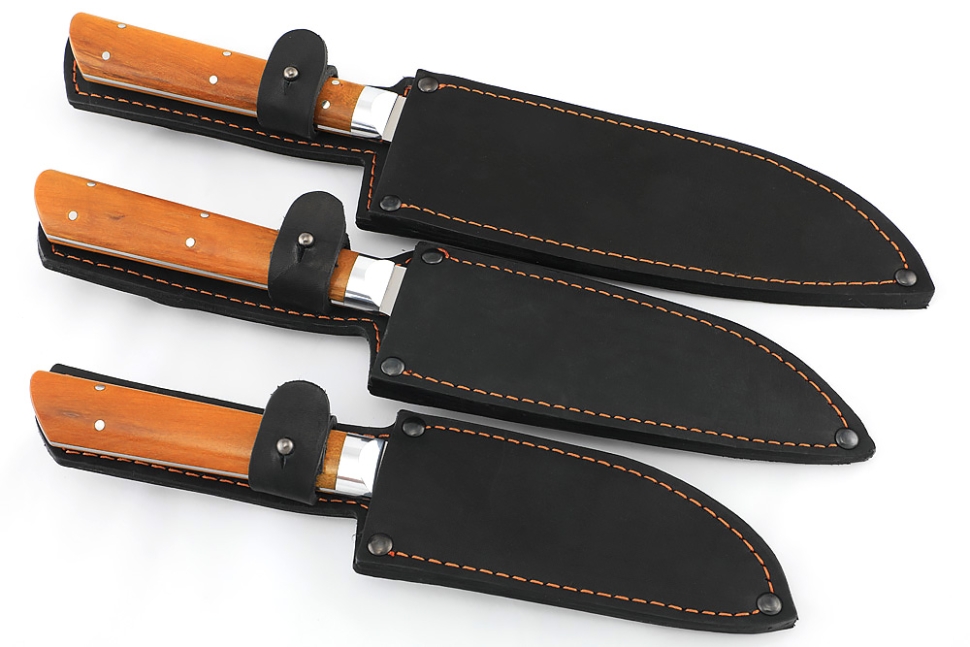 Комплект из 3-х кухонный ножей Сантоку кованая сталь 95х18 рукоять карельская березе янтарная цельнометаллические