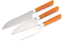Комплект из 3-х кухонный ножей Сантоку кованая сталь 95х18 рукоять карельская березе янтарная цельнометаллические