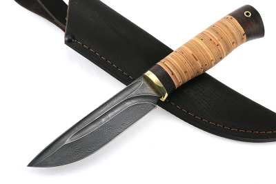 Нож Рысь (дамаск- долы, береста)