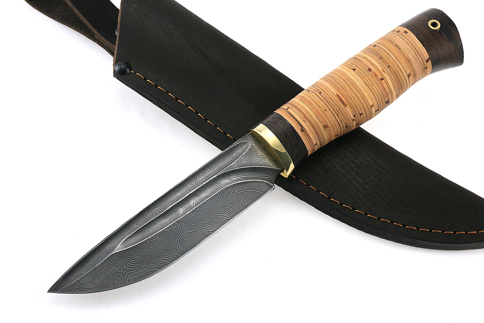 Нож Рысь (дамаск- долы, береста)