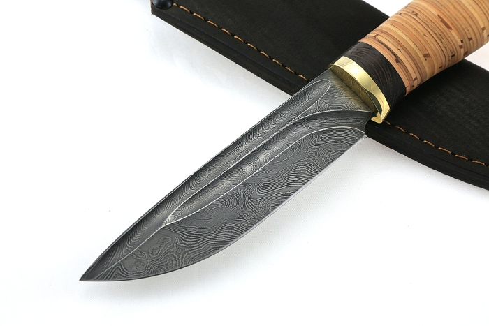 Нож Рысь (дамаск- долы, береста)