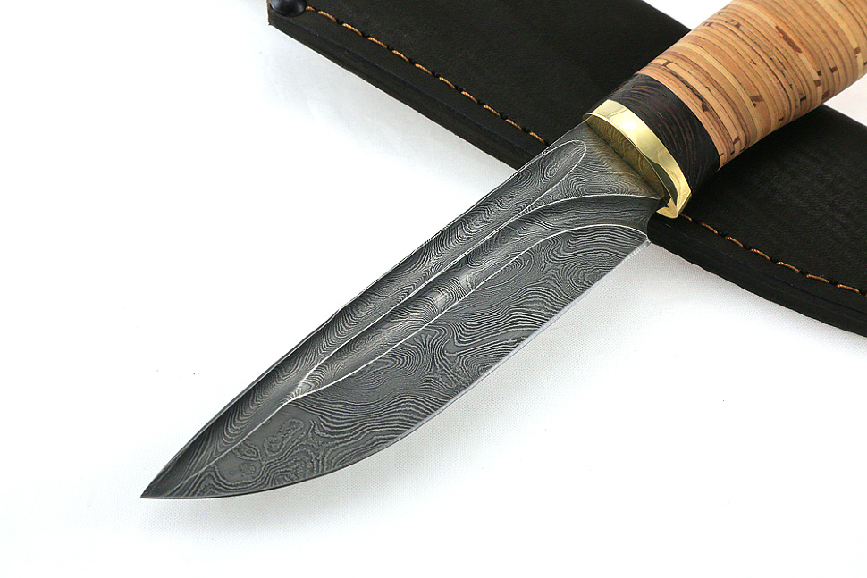 Нож Рысь (дамаск- долы, береста)