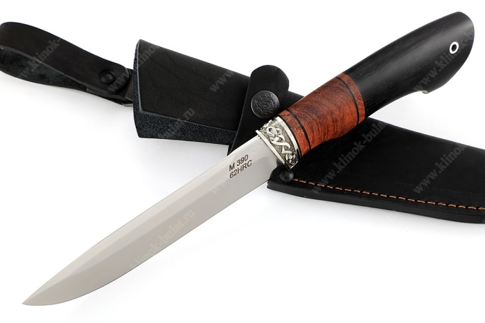 Нож Скат (порошковая сталь M390, бубинга - чёрный граб, гарда мельхиор)