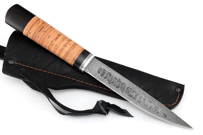 Нож Северный №4 (дамаск, кованый дол, береста)