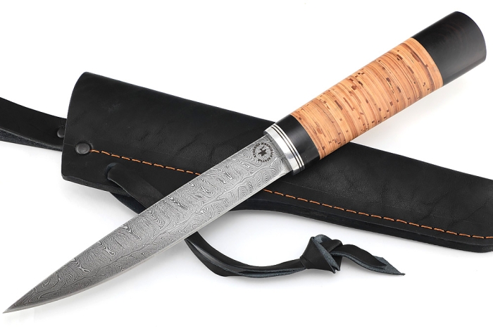 Нож Северный №4 (дамаск, кованый дол, береста)