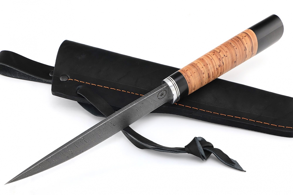 Нож Северный №4 (дамаск, кованый дол, береста)