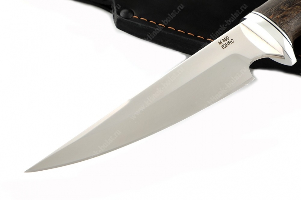 Нож Комар (порошковая сталь M390, рукоять наборная стабилизированная карельская берёза - чёрный граб - фибра - дюраль)