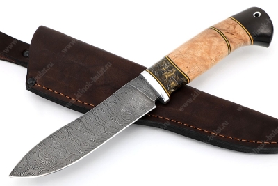 Нож Сафари (дамаск, вставка акрил, карельская берёза, чёрный граб, фибра)
