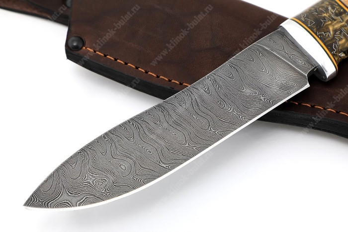 Нож Сафари (дамаск, вставка акрил, карельская берёза, чёрный граб, фибра)