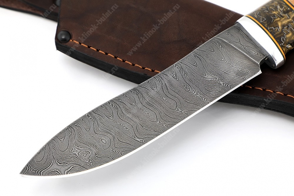 Нож Сафари (дамаск, вставка акрил, карельская берёза, чёрный граб, фибра)