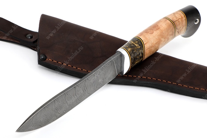 Нож Сафари (дамаск, вставка акрил, карельская берёза, чёрный граб, фибра)