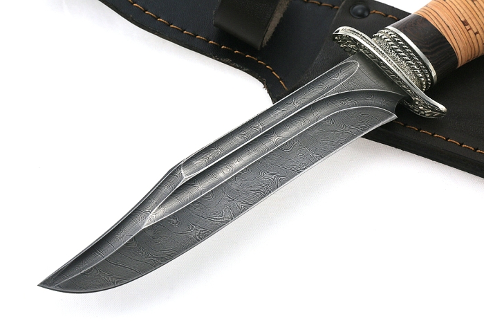 Нож Гладиатор (дамаск-долы, береста мельхиор)