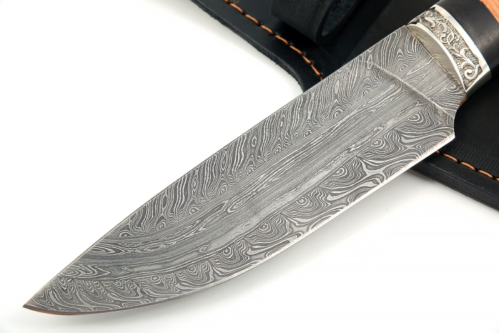 Нож Глухарь (торцевой дамаск, береста - мельхиор) 