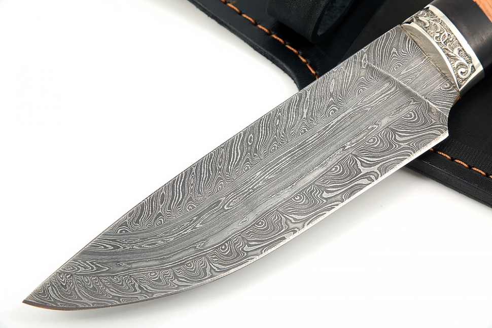 Нож Глухарь (торцевой дамаск, береста - мельхиор) 