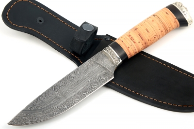 Нож Глухарь (торцевой дамаск, береста - мельхиор) 
