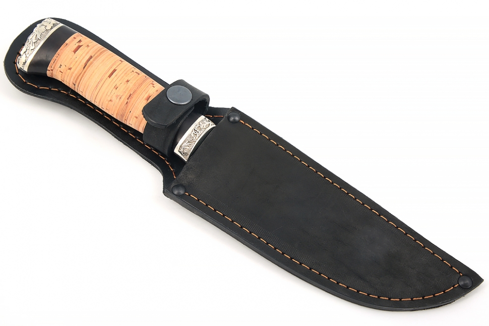 Нож Глухарь (торцевой дамаск, береста - мельхиор) 