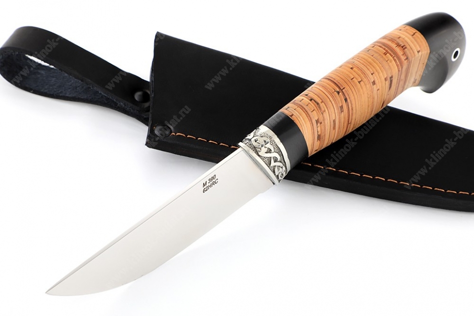 Нож Барсук (порошковая сталь M390, береста, гарда мельхиор)