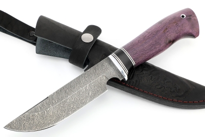 Нож Лесной дамаск, черный граб, карельская берёза фиолетовая