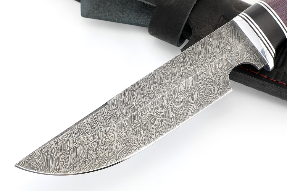 Нож Лесной дамаск, черный граб, карельская берёза фиолетовая