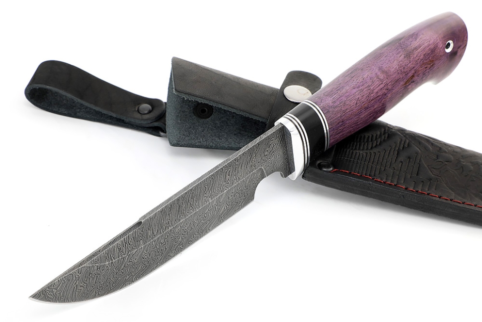 Нож Лесной дамаск, черный граб, карельская берёза фиолетовая