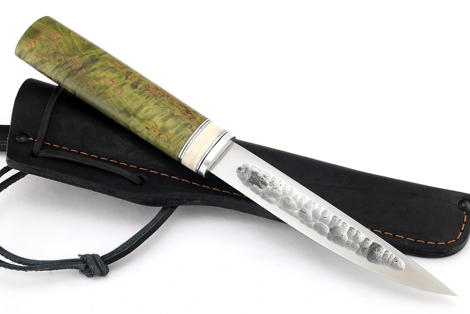 Нож Северный №2 (х12МФ, кованый дол, рукоять зелёная карельская берёза, вставка кость)