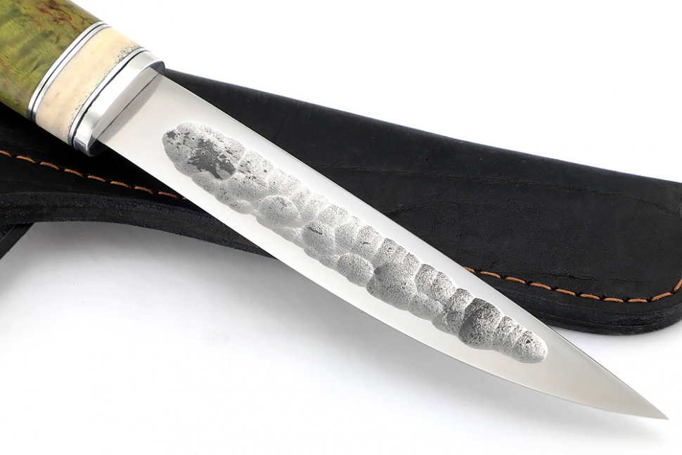 Нож Северный №2 (х12МФ, кованый дол, рукоять зелёная карельская берёза, вставка кость)