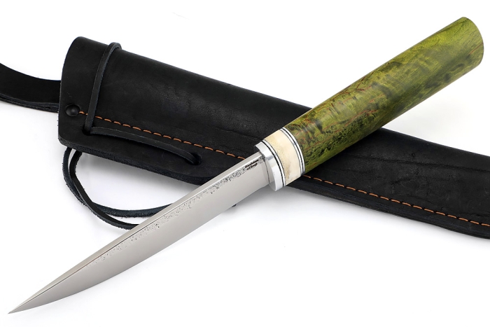 Нож Северный №2 (х12МФ, кованый дол, рукоять зелёная карельская берёза, вставка кость)