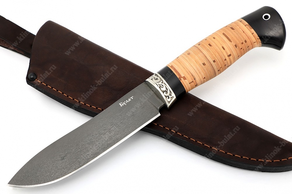 Нож Сафари (булат, рукоять береста, больстер мельхиор)