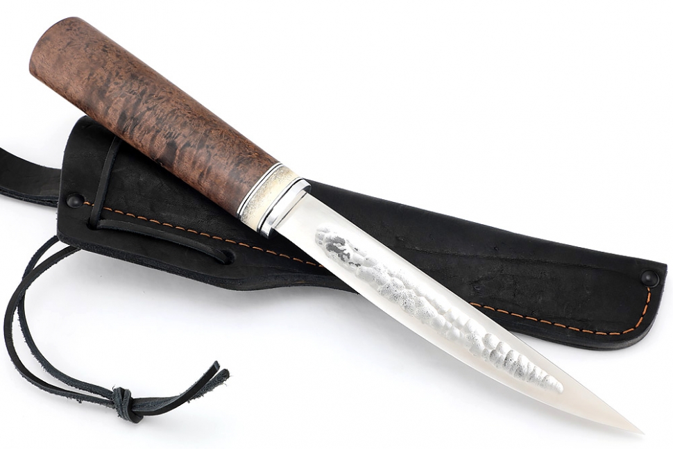 Нож Северный №4 (х12МФ, кованый дол, коричневая карельская берёза, вставка кость)