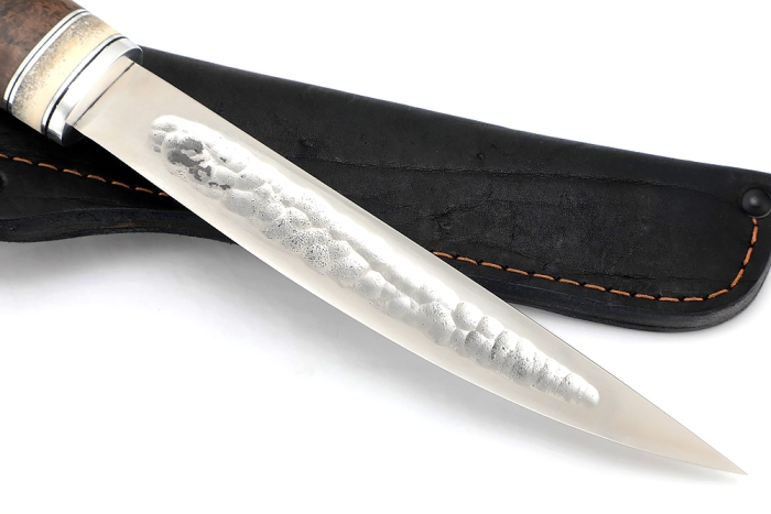 Нож Северный №4 (х12МФ, кованый дол, коричневая карельская берёза, вставка кость)