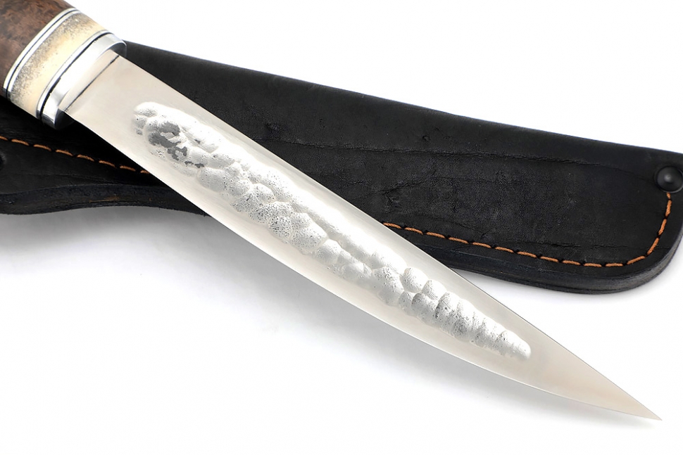 Нож Северный №4 (х12МФ, кованый дол, коричневая карельская берёза, вставка кость)