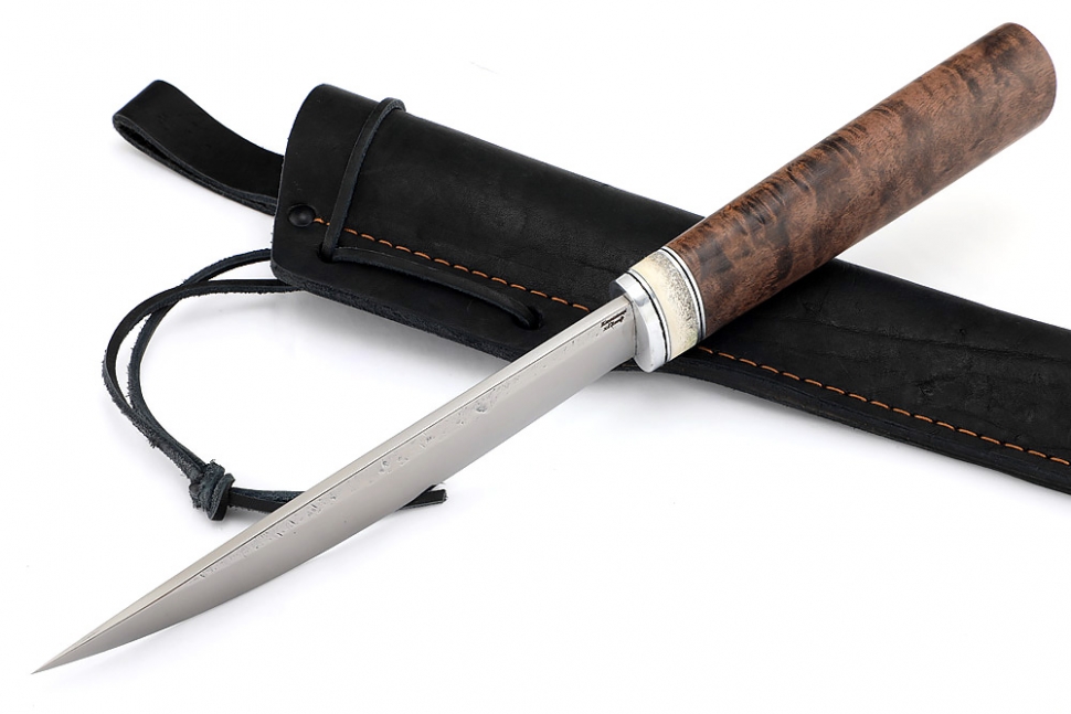Нож Северный №4 (х12МФ, кованый дол, коричневая карельская берёза, вставка кость)