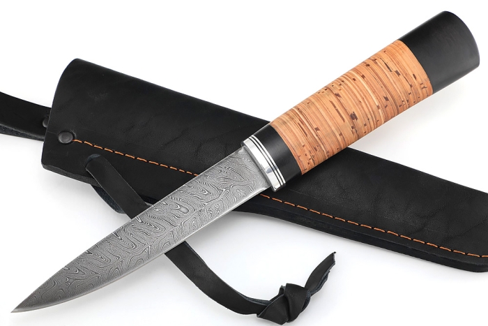 Нож Северный №2 (дамаск, кованый дол, береста)