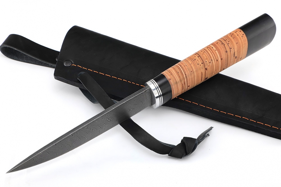 Нож Северный №2 (дамаск, кованый дол, береста)