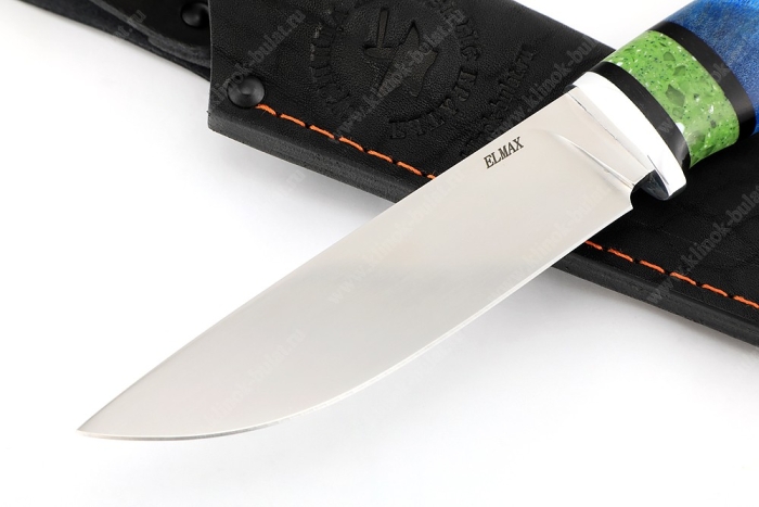 Нож Рысь (порошковая сталь ELMAX, стабилизированная карельская берёза синяя, вставка акрил)