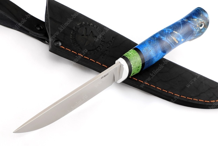 Нож Рысь (порошковая сталь ELMAX, стабилизированная карельская берёза синяя, вставка акрил)