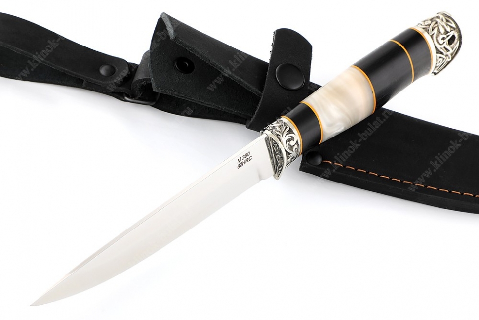 Нож Пантера (порошковая сталь M390, рукоять наборная чёрный граб, акрил, мельхиор)