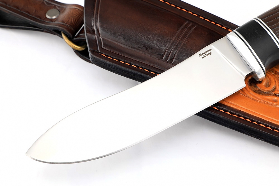 Нож Сафари (х12МФ, рукоять термоциклированный ясень, вставка чёрный граб) формованные ножны