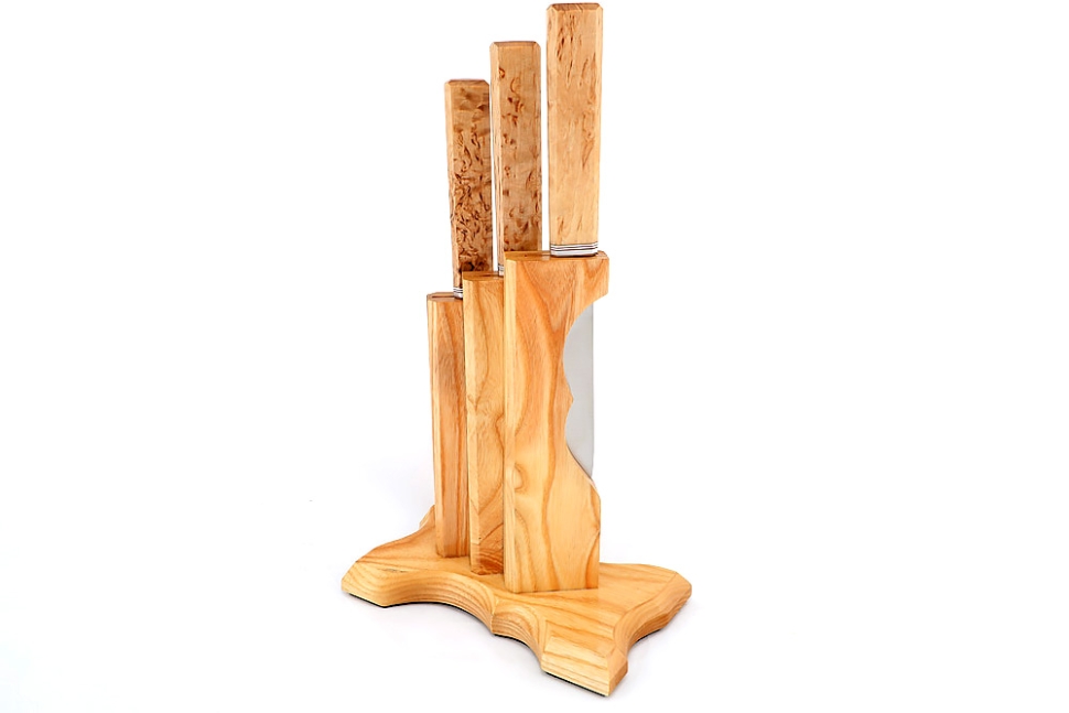 Подставка из ясеня с набором из 3 ножей (N690, карельская береза)