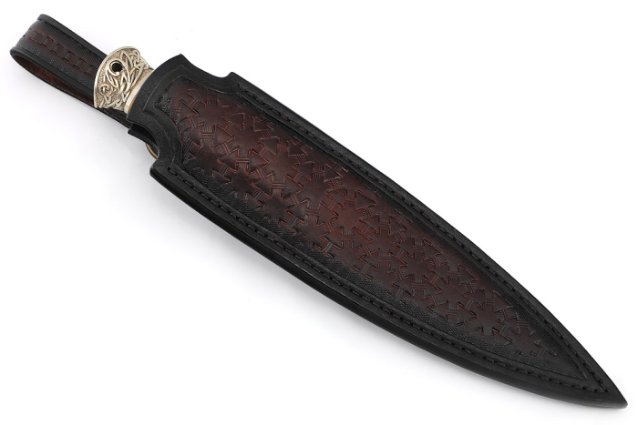 Нож Перо (дамаск, чёрный граб вставки акрил синий - мельхиор) формованные ножны