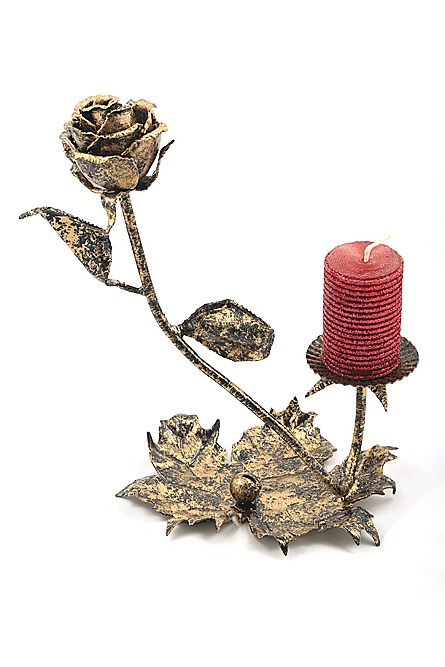 Нож Гладиатор (булат, чёрный граб - мельхиор) на кованой подставке с подсвечником