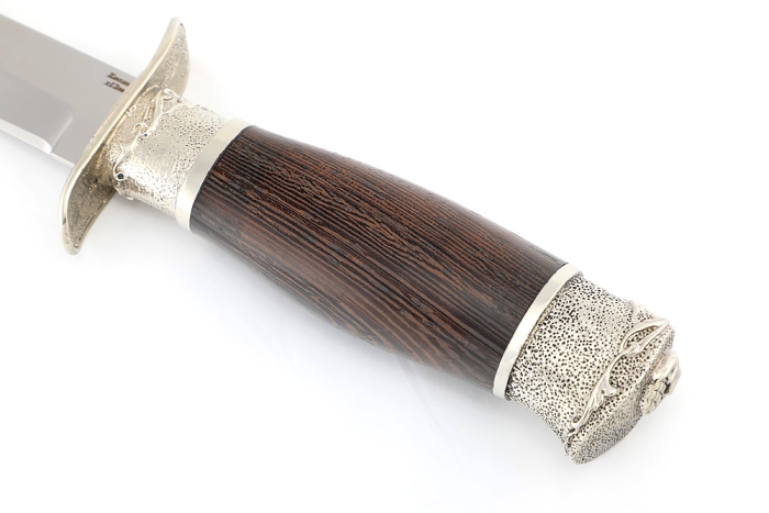 Нож разведчика НР-40 сталь кованая Х12МФ мельхиор, деревянные ножны венге