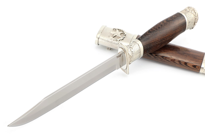 Нож разведчика НР-40 сталь кованая Х12МФ мельхиор, деревянные ножны венге