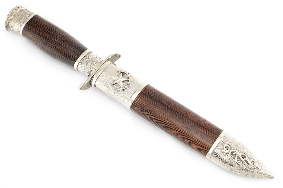 Нож разведчика НР-40 сталь кованая Х12МФ мельхиор, деревянные ножны венге