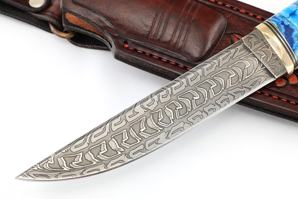Эксклюзивный нож Стрела (дамаск торцевой, рукоять зуб мамонта, айронвуд) формованные ножны